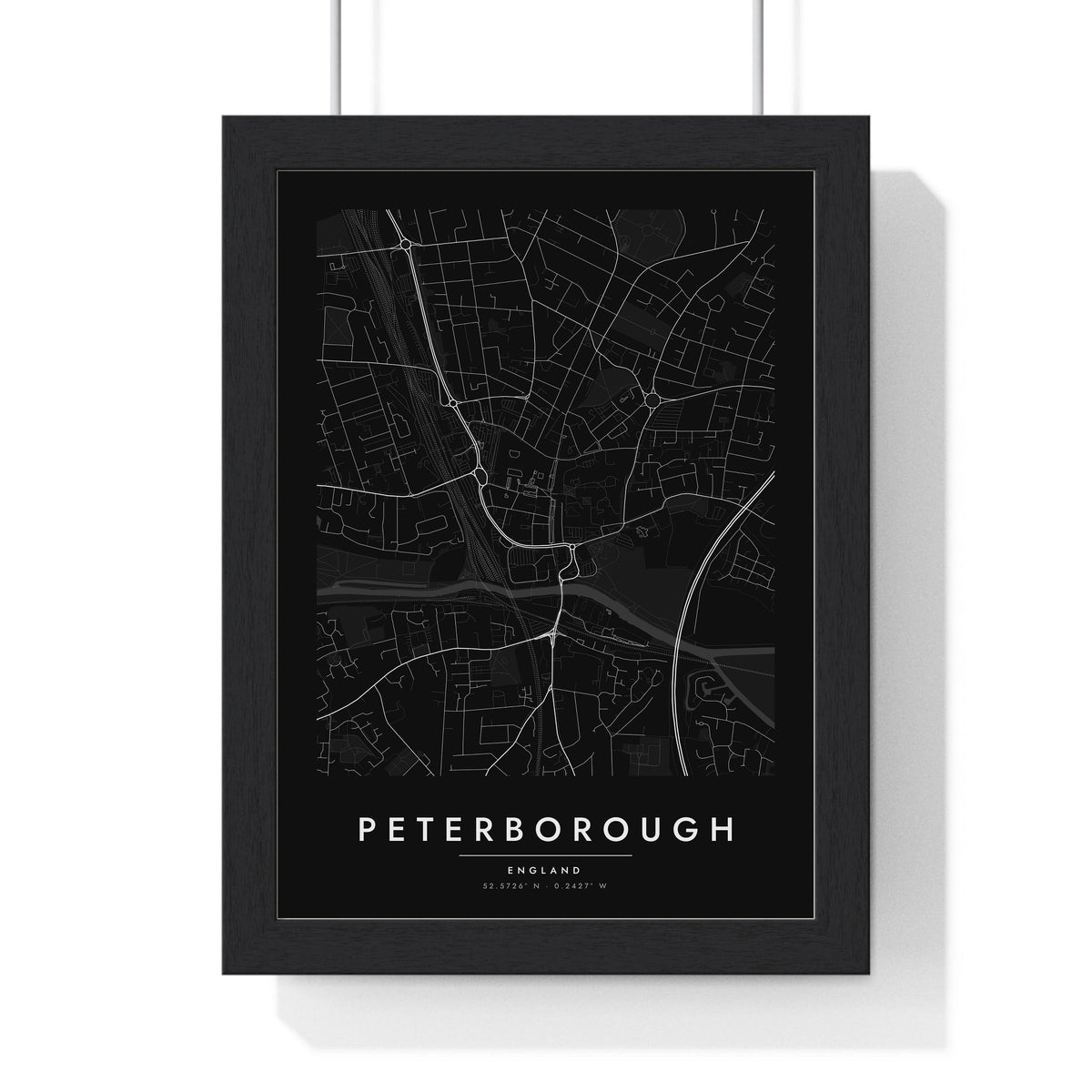 Peterborough street map poster in black, minimal city map print framed in a black frame