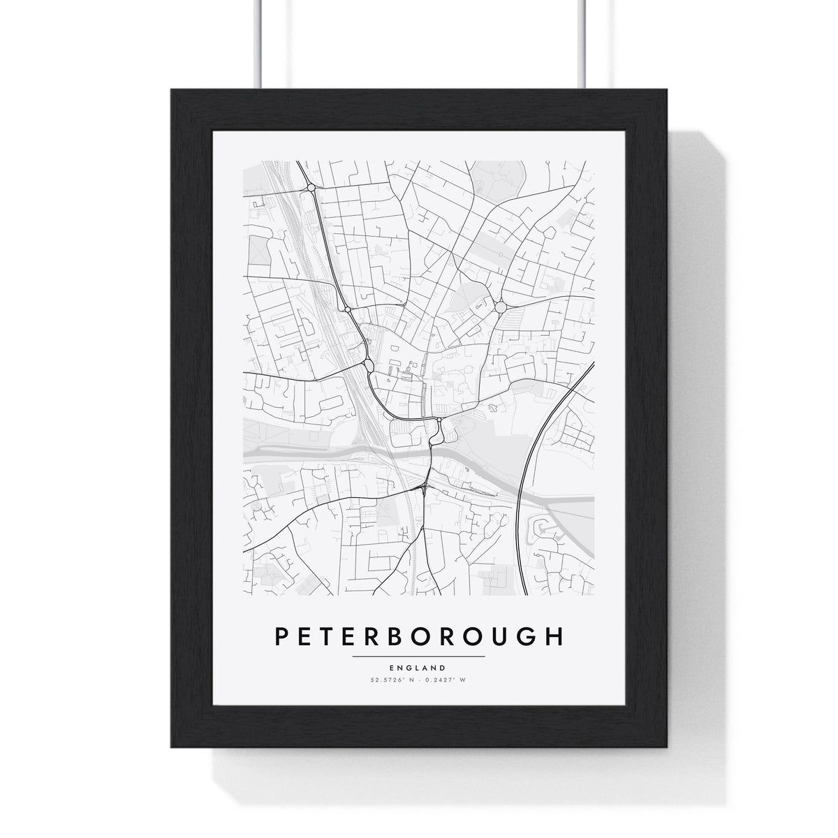 Peterborough street map poster in white, minimal city map print framed in a black frame