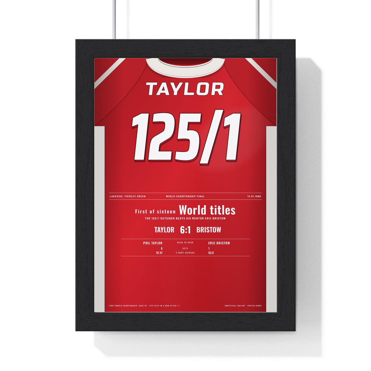 Phil Taylor World Darts Final 1990 Darts Poster - First World Title v Bristow Shirt Print framed in a black frame, ready to hang