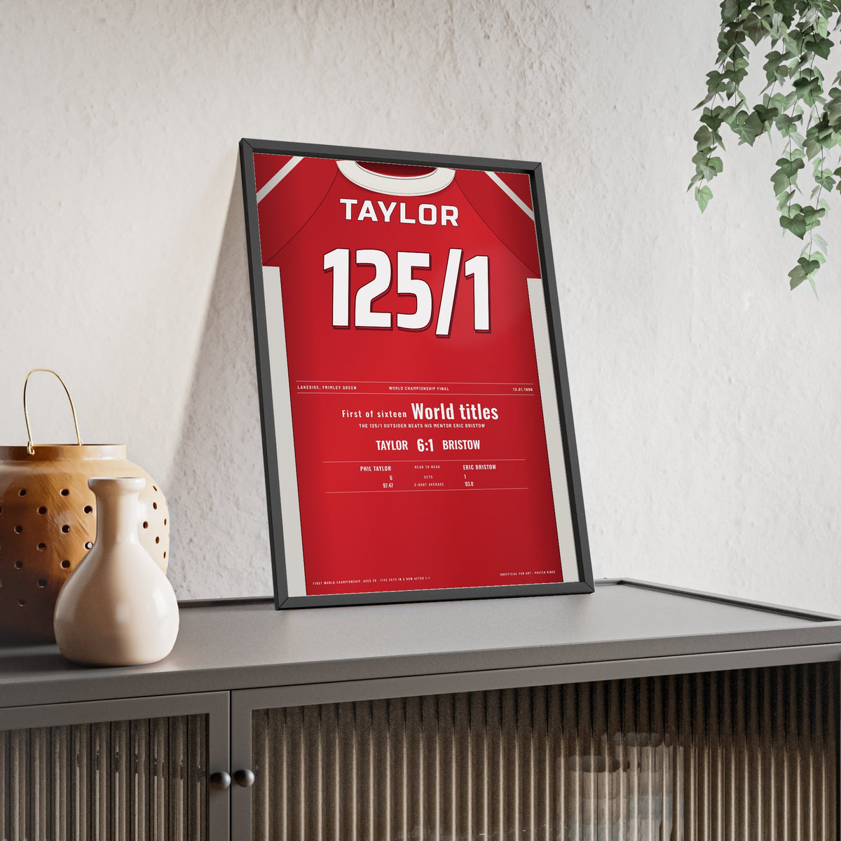 Phil Taylor World Darts Final 1990 Darts Poster - First World Title v Bristow Shirt Print framed and leaning on a sideboard