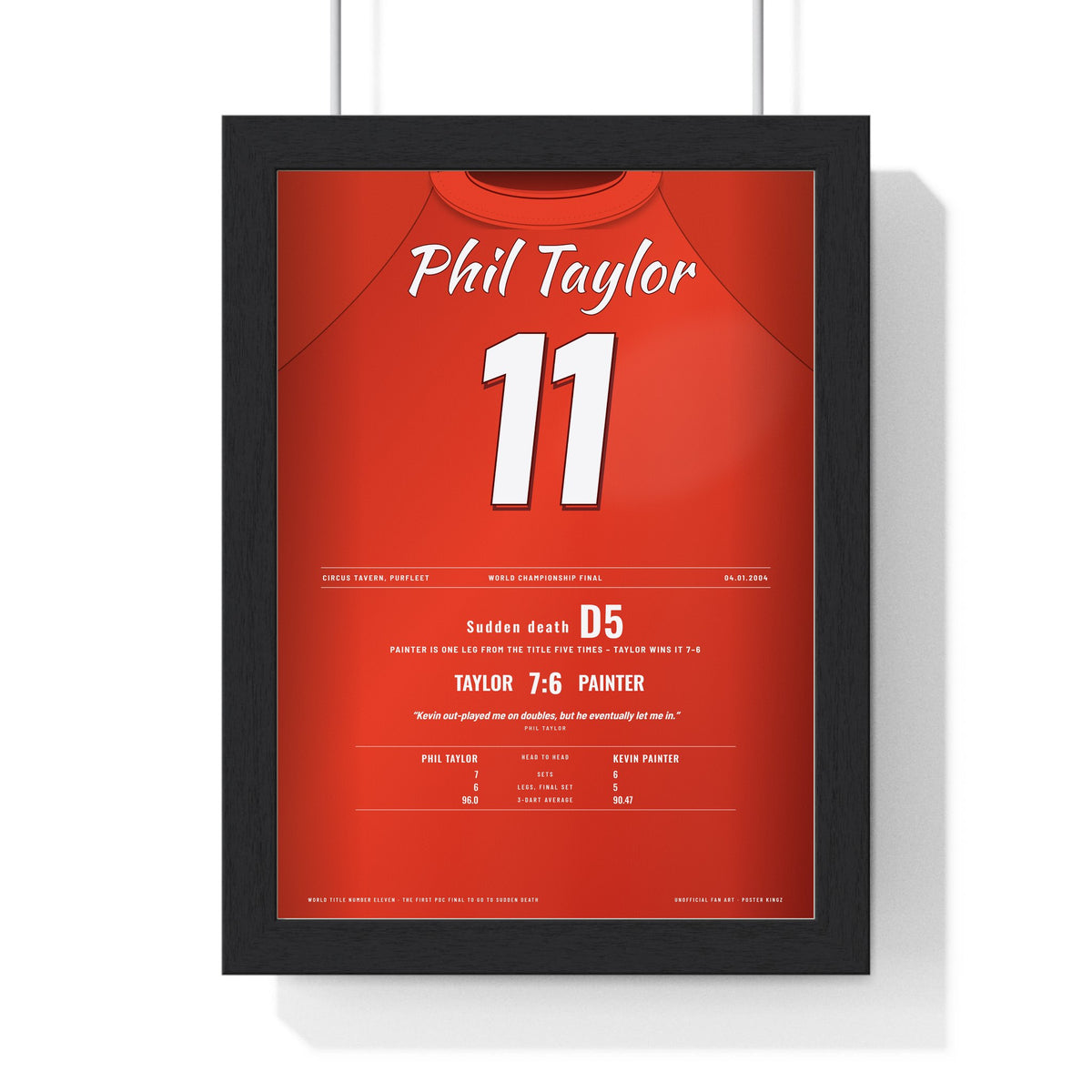 Phil Taylor World Darts Final 2004 Darts Poster - Sudden Death v Painter Shirt Print framed in a black frame, ready to hang