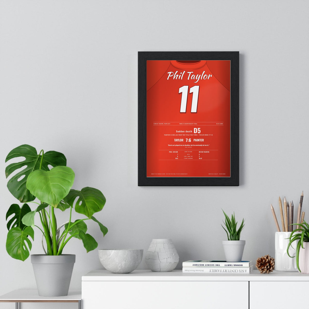 Phil Taylor World Darts Final 2004 Darts Poster - Sudden Death v Painter Shirt Print framed on a living room wall