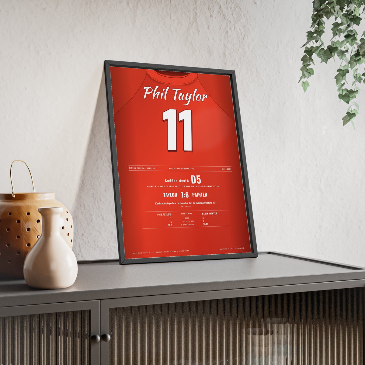 Phil Taylor World Darts Final 2004 Darts Poster - Sudden Death v Painter Shirt Print framed and leaning on a sideboard