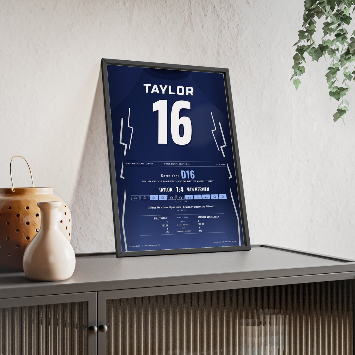 Phil Taylor World Darts Final 2013 Darts Poster - 16th World Title Shirt Print framed and leaning on a sideboard