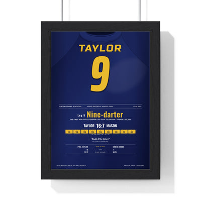 Phil Taylor World Matchplay 2002 Darts Poster - First Live TV Nine-Darter Shirt Print framed in a black frame, ready to hang