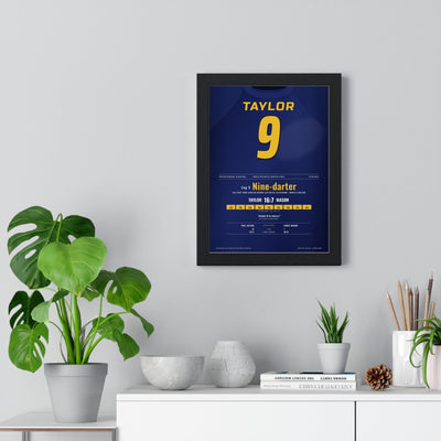 Phil Taylor World Matchplay 2002 Darts Poster - First Live TV Nine-Darter Shirt Print framed on a living room wall