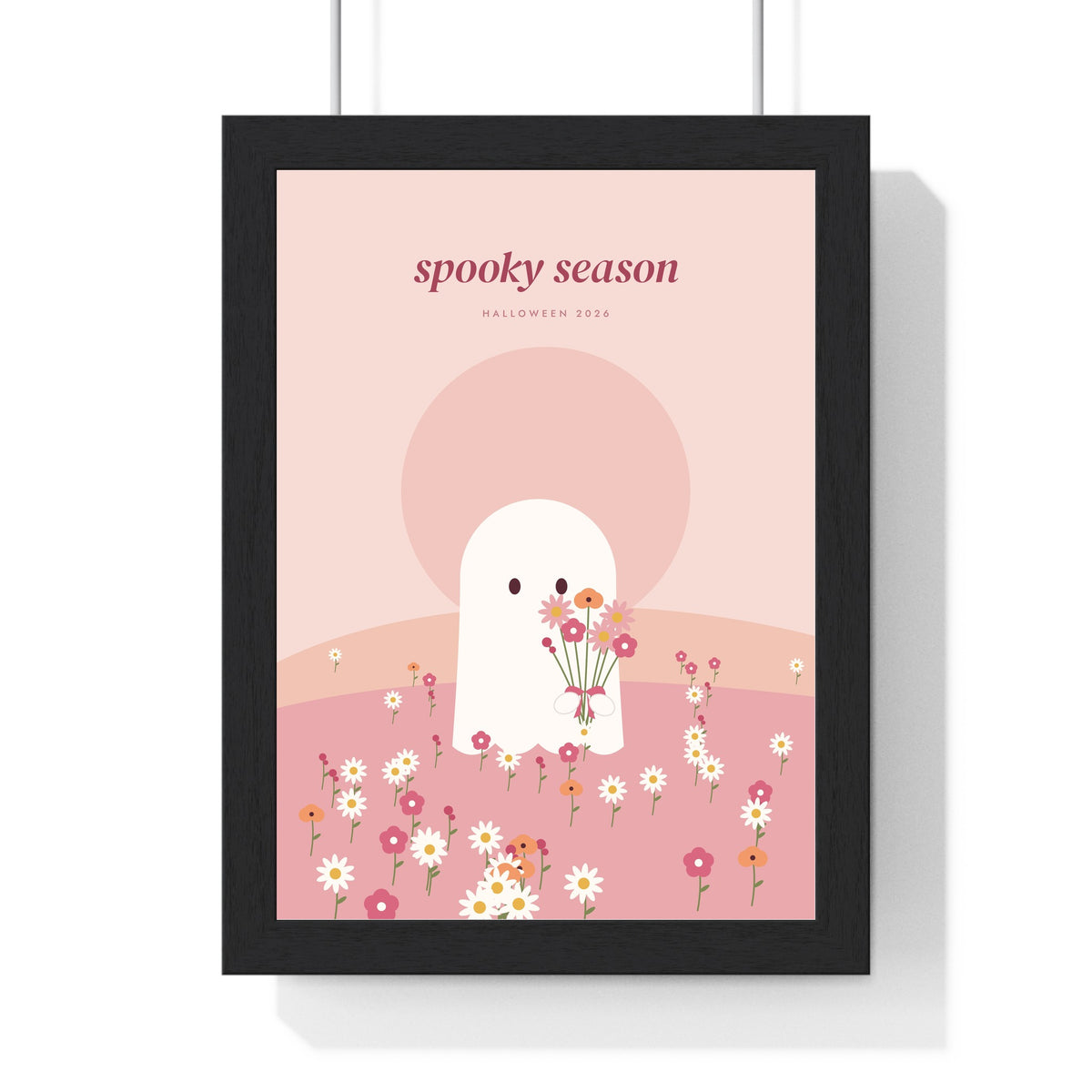 Pink Ghost Print - framed blush pink ghost holding daisies in a flower field