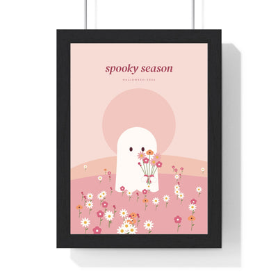 Pink Ghost Print - framed blush pink ghost holding daisies in a flower field