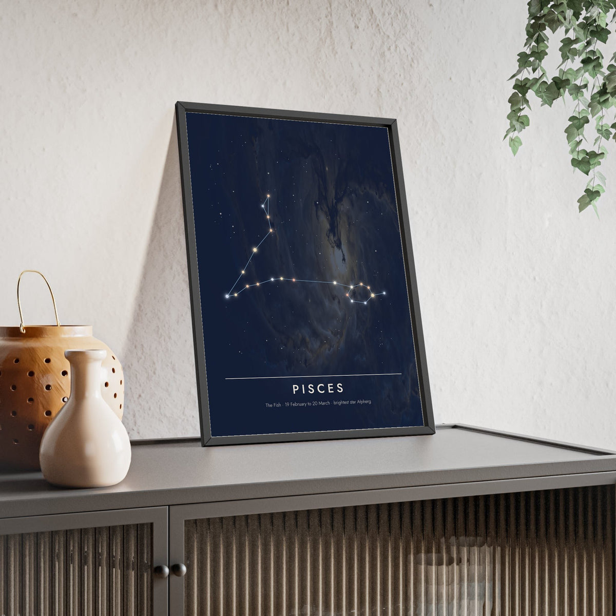 Pisces Constellation print framed and leaning on a sideboard