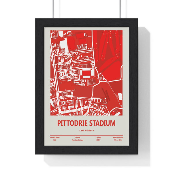 Pittodrie Stadium map print in black wooden frame showing Aberdeen FC ground layout and surrounding streets