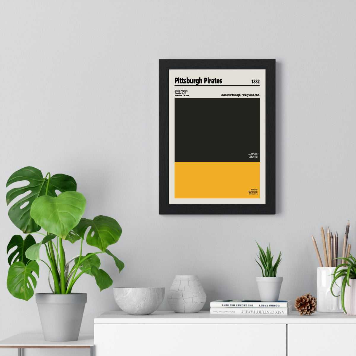 Pittsburgh Pirates colour swatch print framed on a living room wall