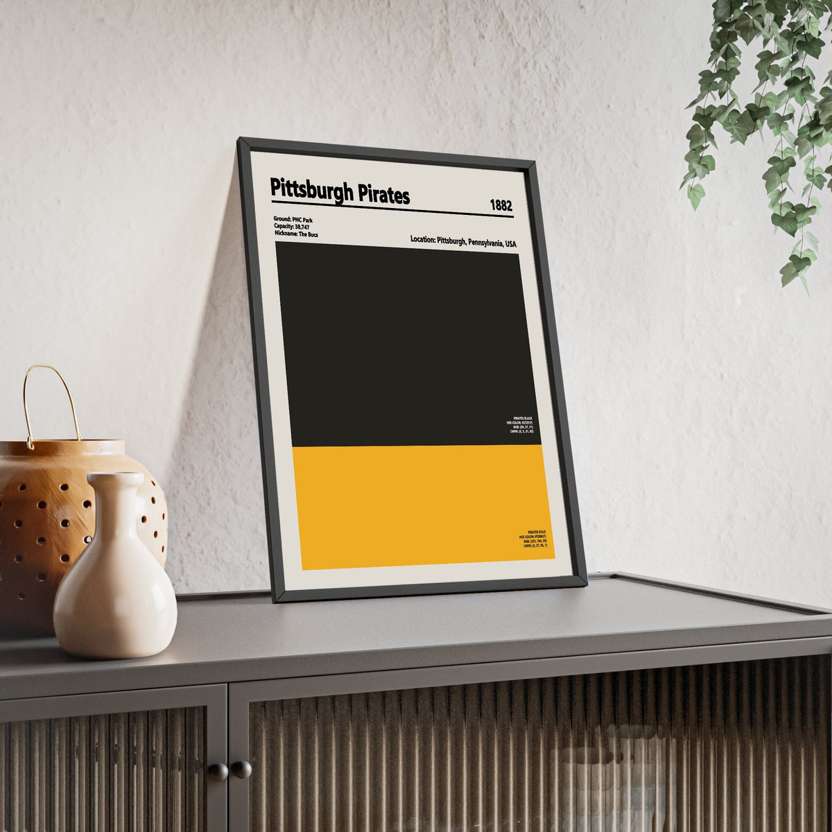 Pittsburgh Pirates colour swatch print framed and leaning on a sideboard