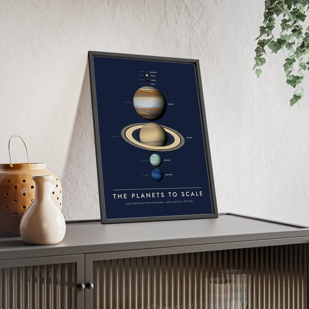 Planets to Scale print framed and leaning on a sideboard