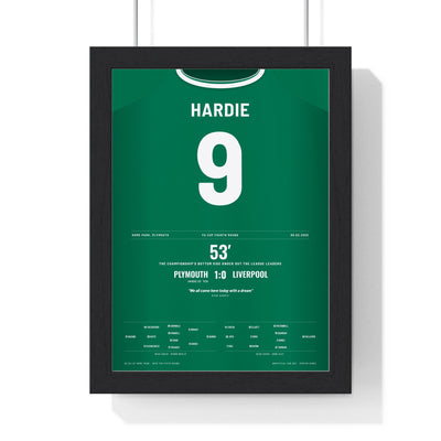 Plymouth Argyle 1-0 Liverpool FA Cup 2025 Poster - Ryan Hardie 9 Home Park Shirt Print framed in a black frame, ready to hang