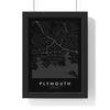 Plymouth street map poster in black, minimal city map print framed in a black frame