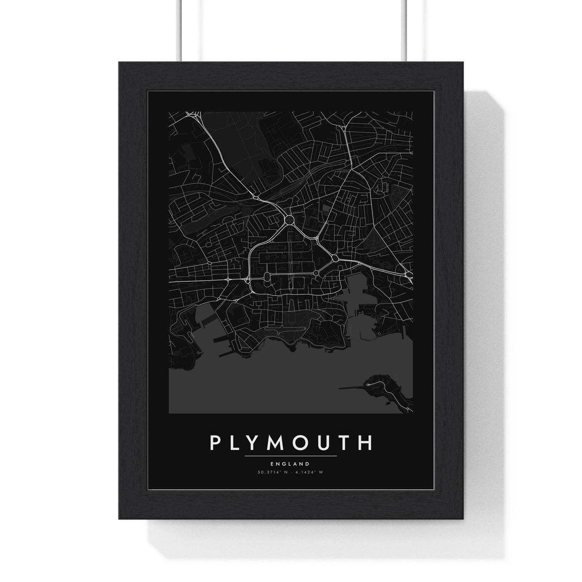 Plymouth street map poster in black, minimal city map print framed in a black frame