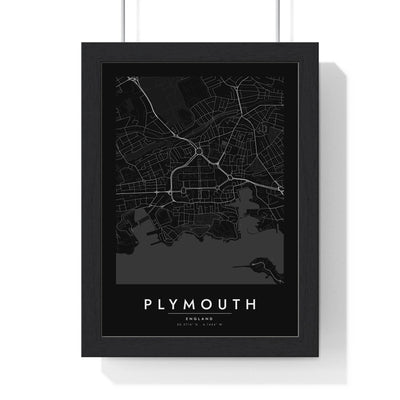 Plymouth street map poster in black, minimal city map print framed in a black frame