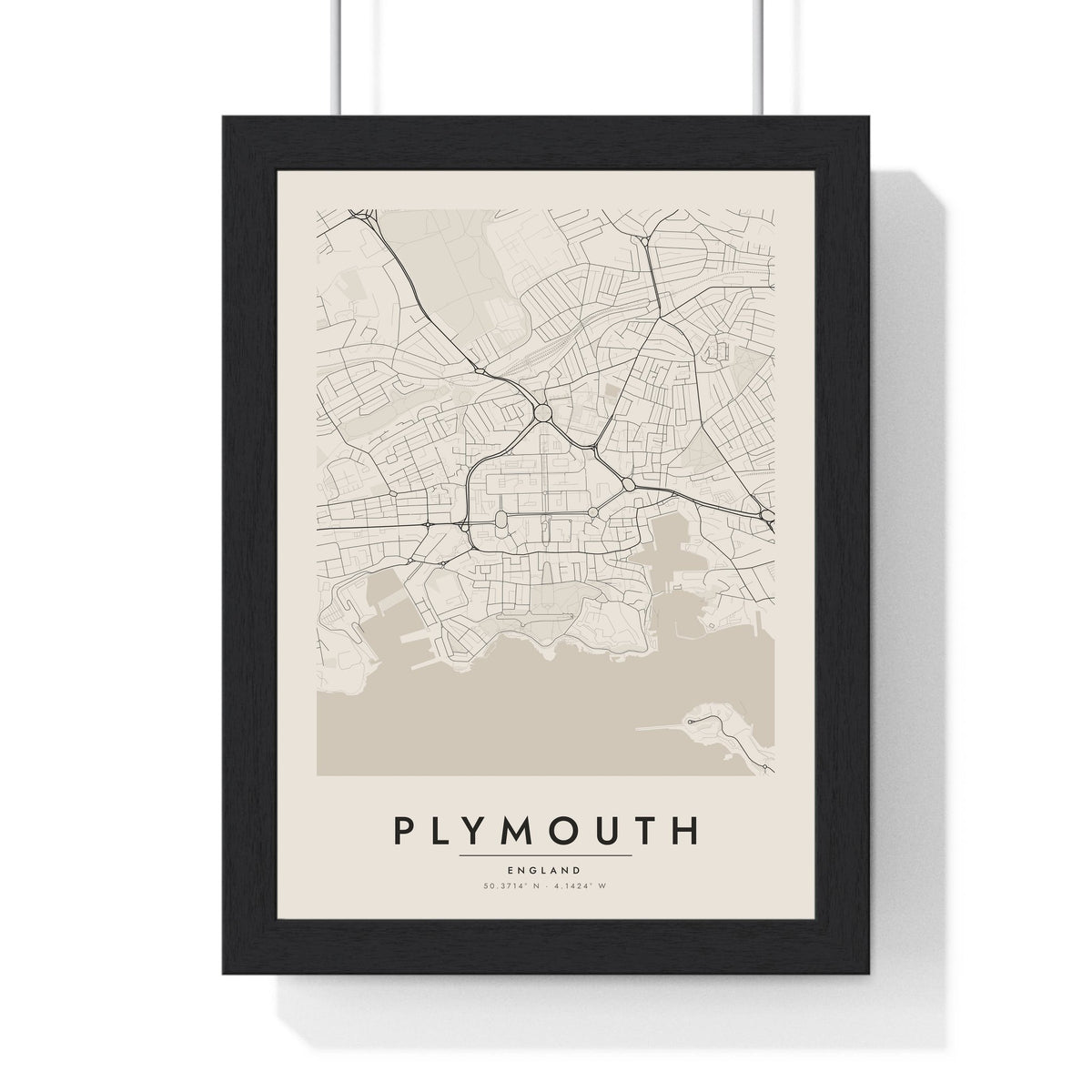 Plymouth street map poster in cream, minimal city map print framed in a black frame