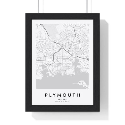 Plymouth street map poster in white, minimal city map print framed in a black frame