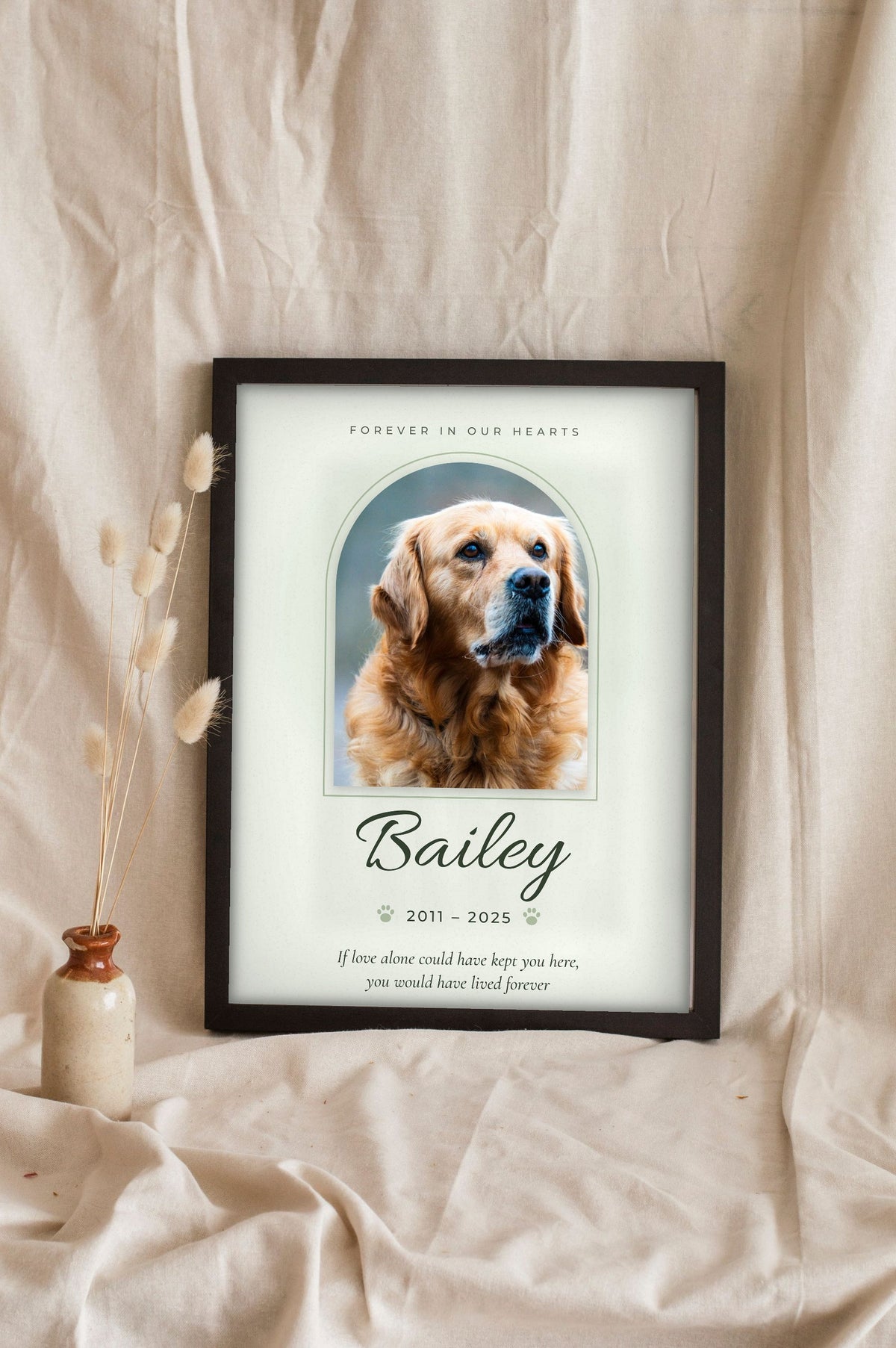 Personalised Pet Memorial Print - Lifestyle - leaning in a frame with dried flowers