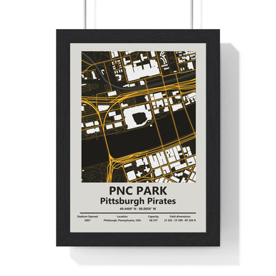 PNC Park map print framed in a black frame, ready to hang