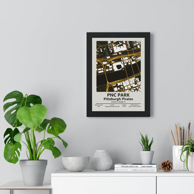 PNC Park map print framed on a living room wall