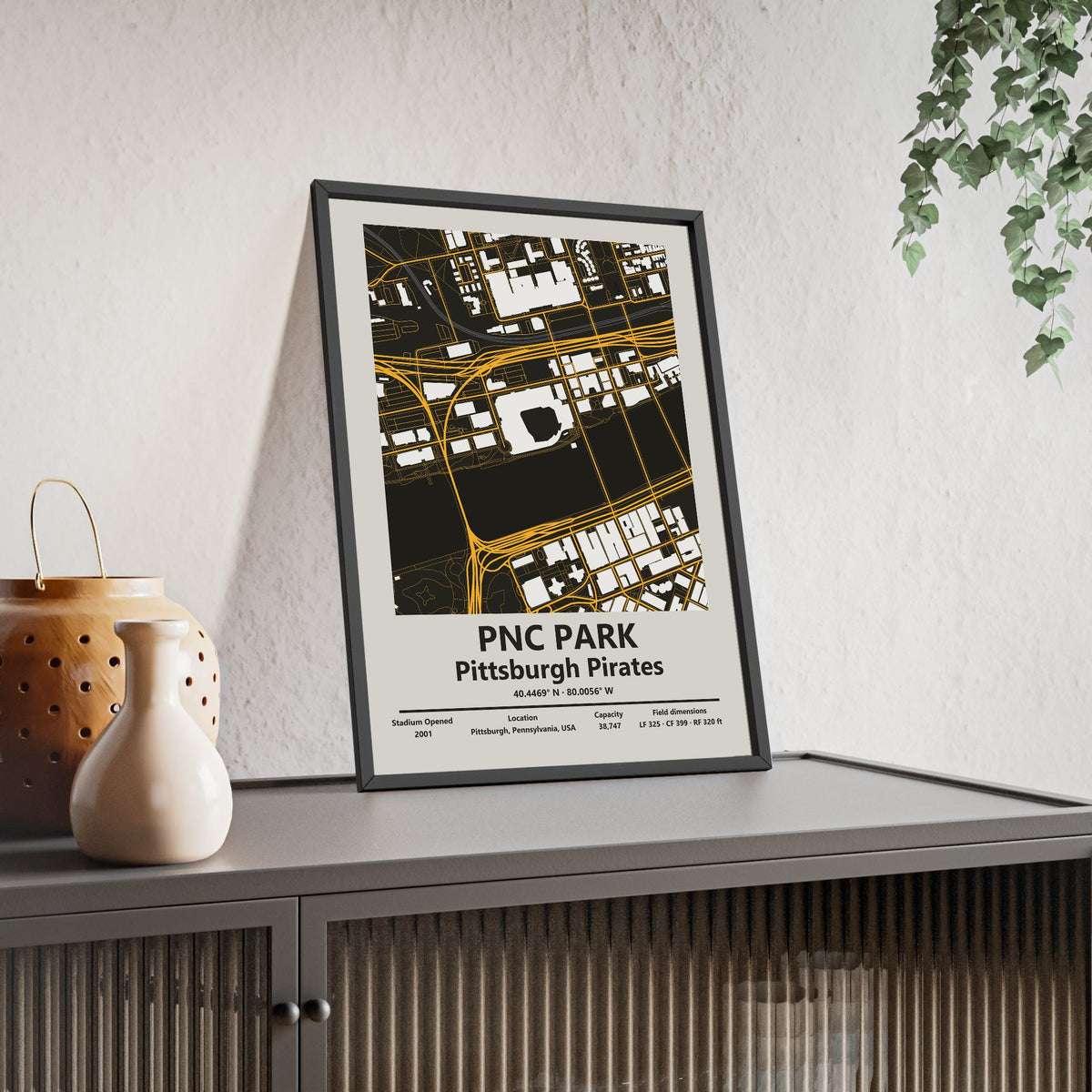 PNC Park map print framed and leaning on a sideboard