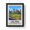 PNC Park Pittsburgh Pirates print framed in a black frame, ready to hang