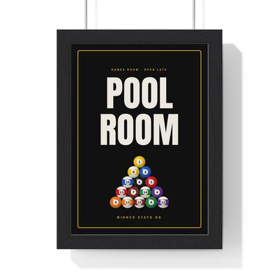 Pool Room Sign print framed in a black frame, ready to hang