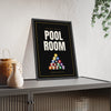 Pool Room Sign print framed and leaning on a sideboard