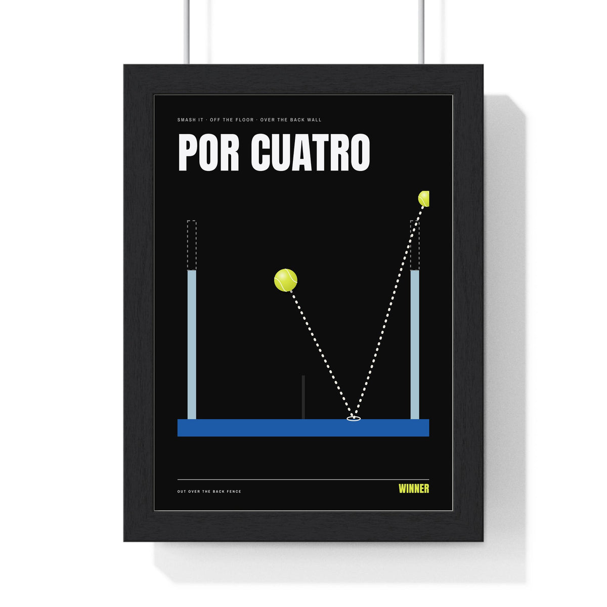 Por Cuatro Padel print framed in a black frame, ready to hang