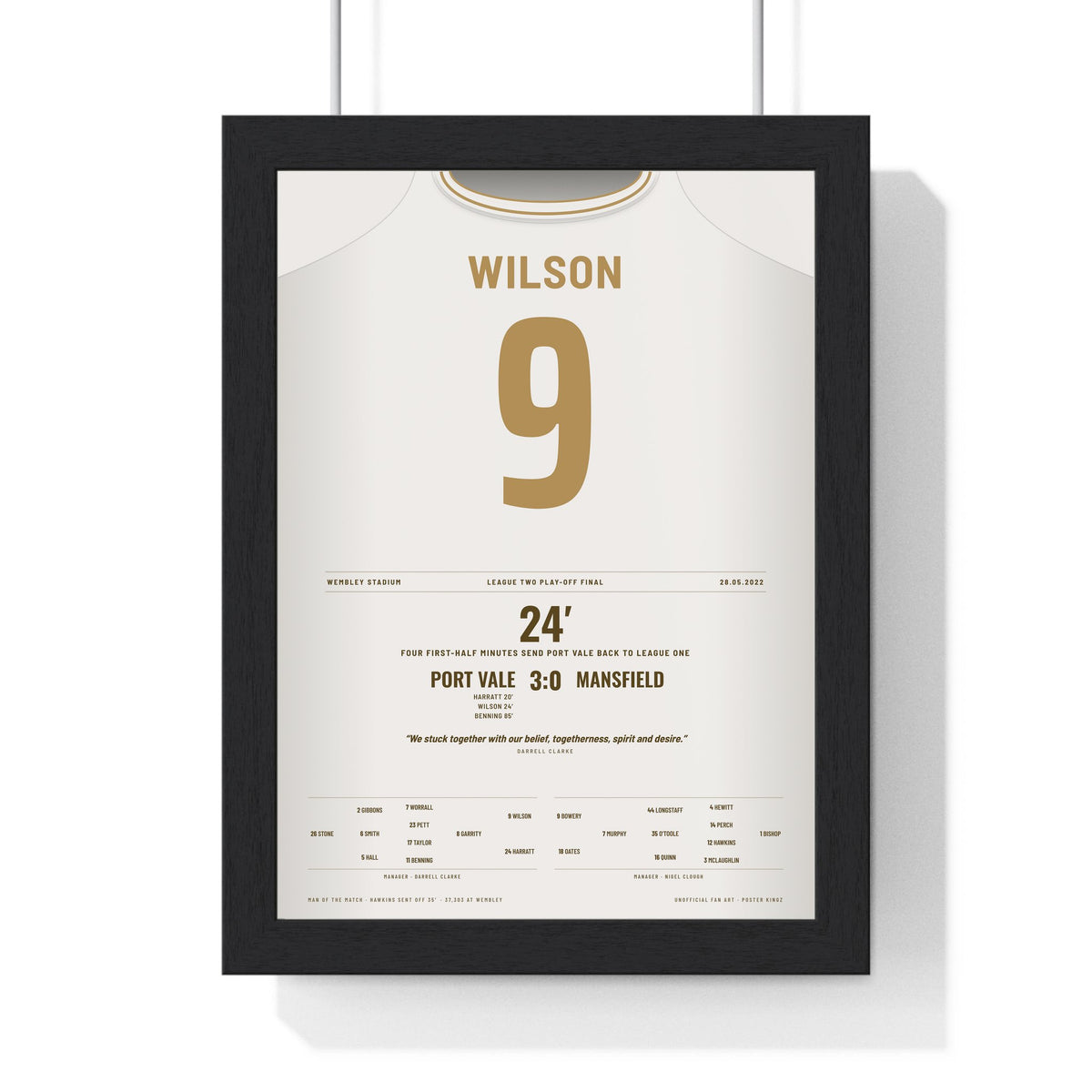Port Vale Play-Off Final 2022 Poster - James Wilson 9 Wembley Shirt Print framed in a black frame, ready to hang