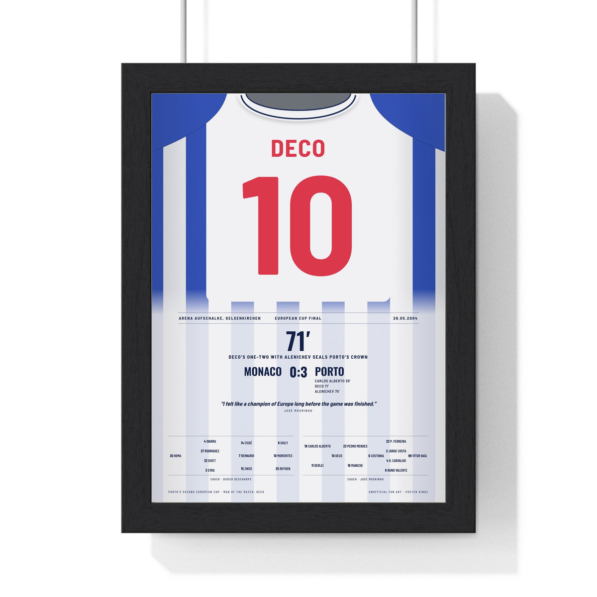 Porto Champions League Final 2004 Poster - Deco 10 v Monaco Mourinho Shirt Print framed in a black frame, ready to hang
