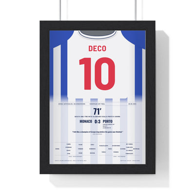 Porto Champions League Final 2004 Poster - Deco 10 v Monaco Mourinho Shirt Print framed in a black frame, ready to hang