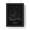 Porto street map poster in black, minimal city map print framed in a black frame