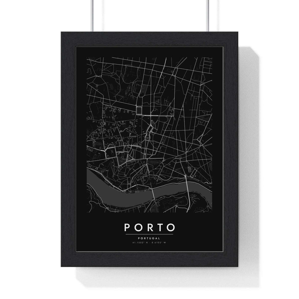 Porto street map poster in black, minimal city map print framed in a black frame