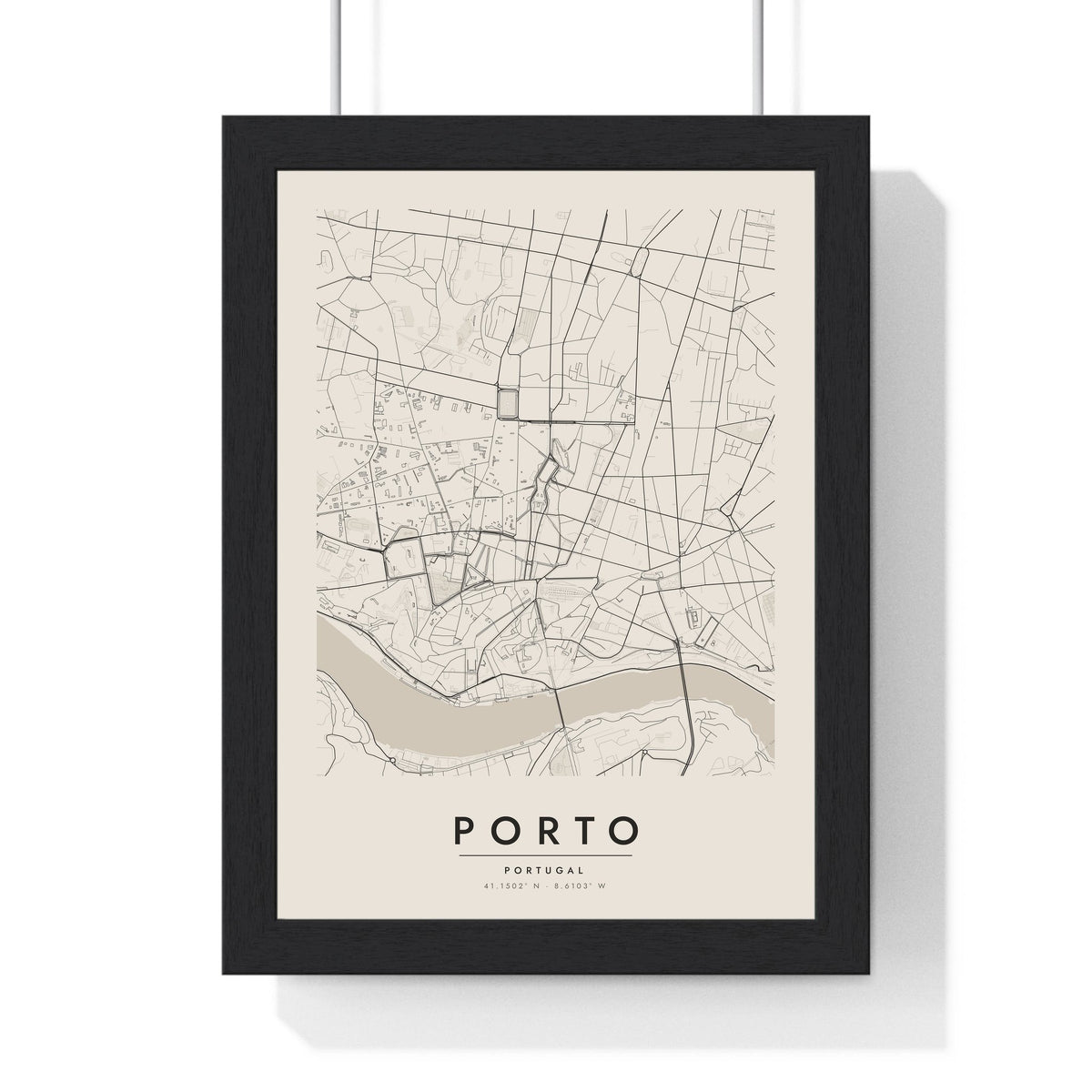 Porto street map poster in cream, minimal city map print framed in a black frame