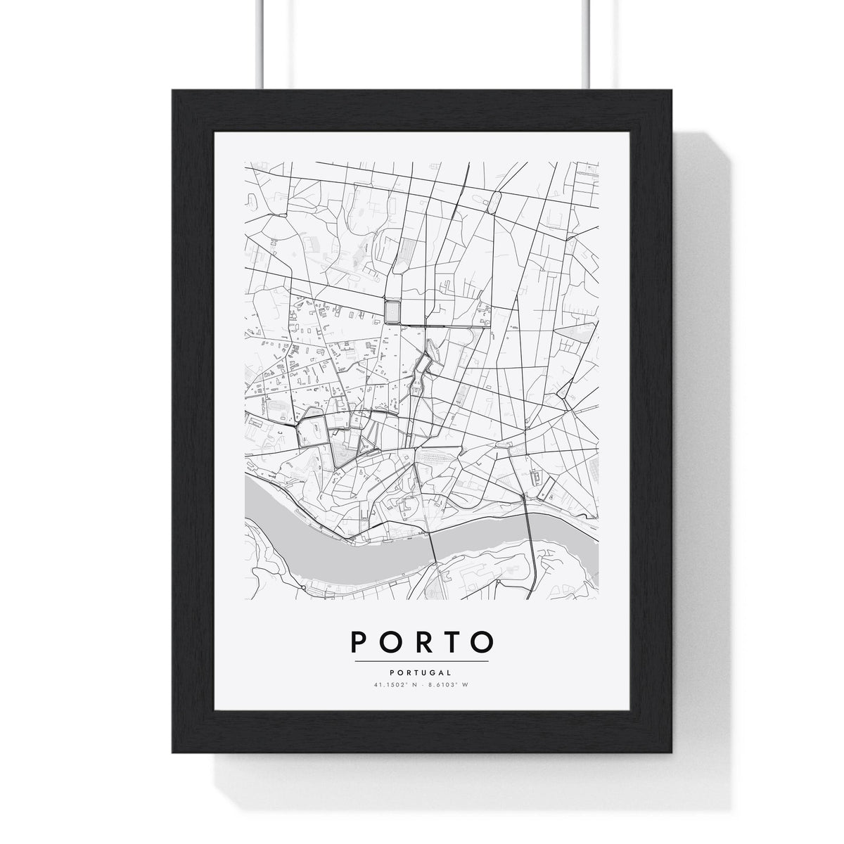Porto street map poster in white, minimal city map print framed in a black frame