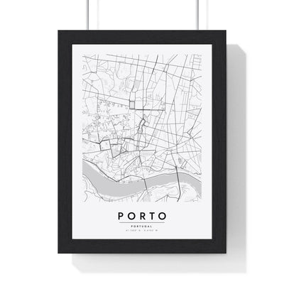 Porto street map poster in white, minimal city map print framed in a black frame