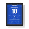 Portsmouth League One Champions 2024 Poster - Conor Shaughnessy 18 Shirt Print framed in a black frame, ready to hang