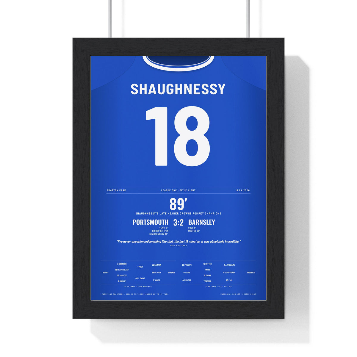 Portsmouth League One Champions 2024 Poster - Conor Shaughnessy 18 Shirt Print framed in a black frame, ready to hang