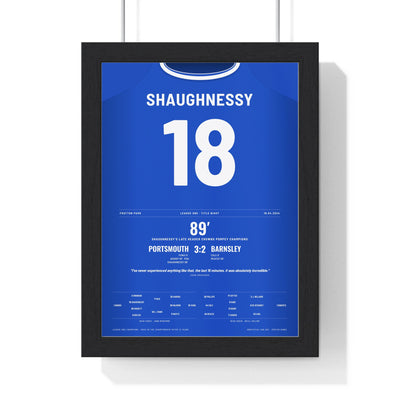 Portsmouth League One Champions 2024 Poster - Conor Shaughnessy 18 Shirt Print framed in a black frame, ready to hang