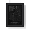 Portsmouth street map poster in black, minimal city map print framed in a black frame