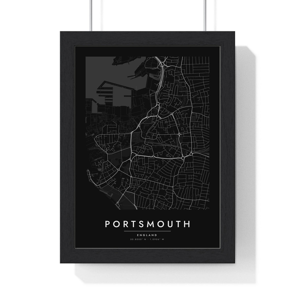 Portsmouth street map poster in black, minimal city map print framed in a black frame