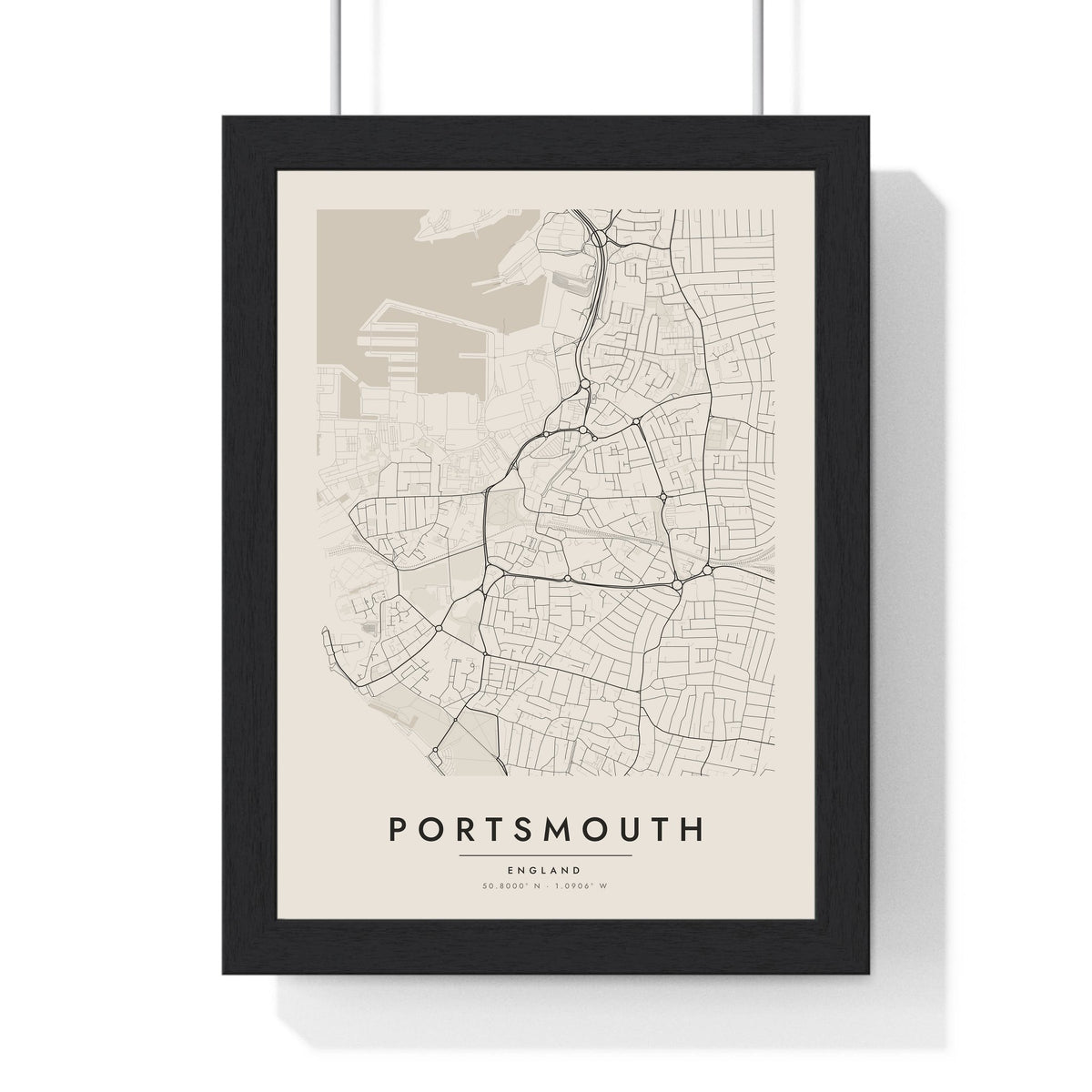 Portsmouth street map poster in cream, minimal city map print framed in a black frame