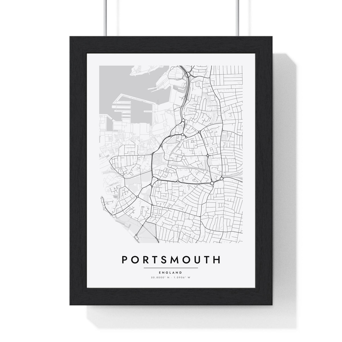 Portsmouth street map poster in white, minimal city map print framed in a black frame