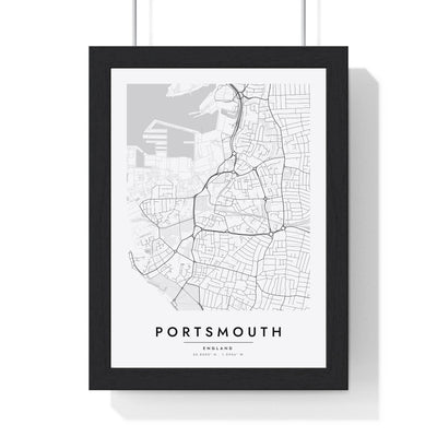Portsmouth street map poster in white, minimal city map print framed in a black frame