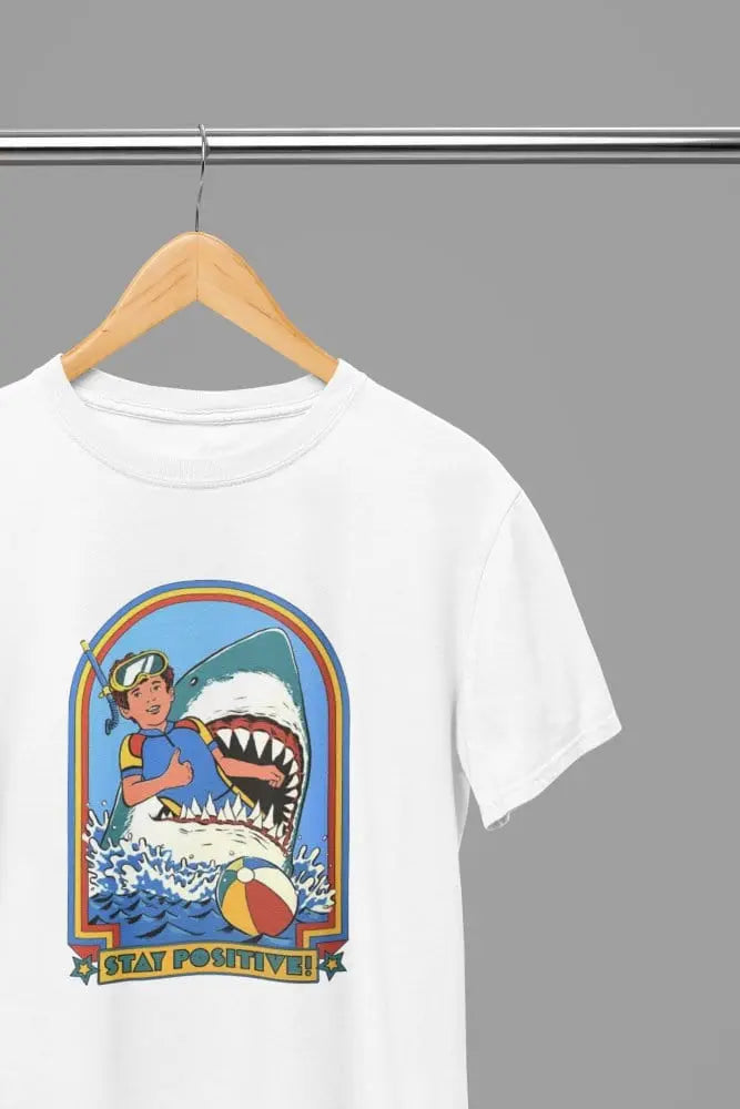 Clothing Stay Positive Shark Parody T-Shirt or Sweatshirt – Funny Retro Beach Design Poster Kingz