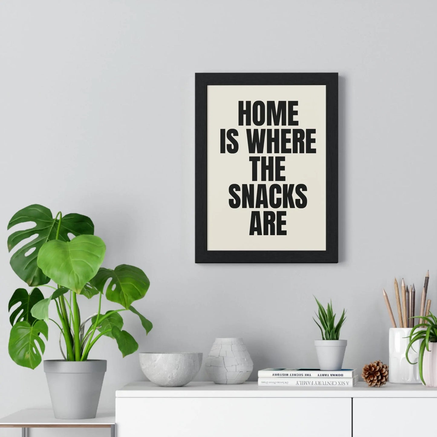 Rustic farmhouse kitchen décor with humorous food artwork