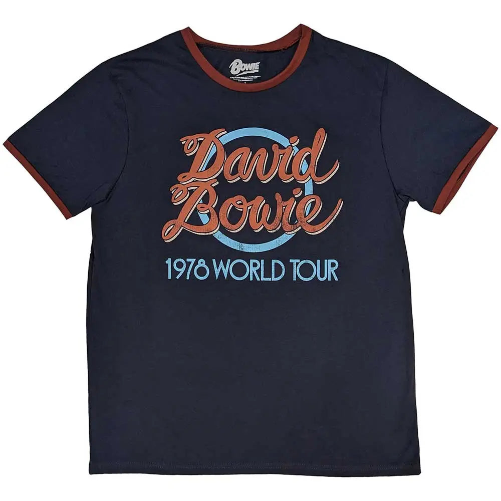 Official Merchandise David Bowie Unisex Ringer T-Shirt – 1978 World Tour (Navy Blue) | Official Merch Poster Kingz